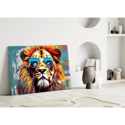 Cool lion pop art wall art canvas with blue shades