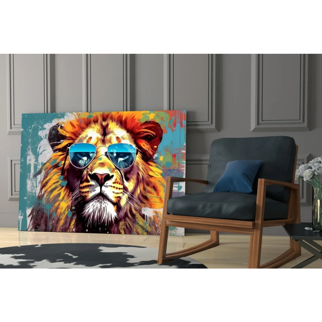 Cool lion in blue shades pop art canvas wall art on teal background
