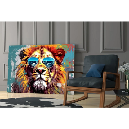 Cool lion in blue shades pop art canvas wall art on teal background