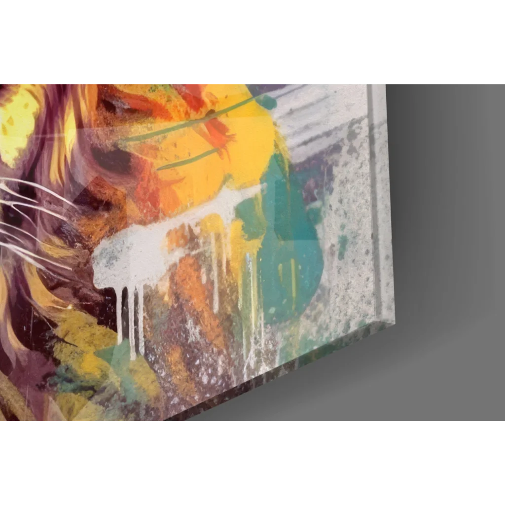 Cool lion pop art canvas wall art in blue shades with vibrant yellow orange green teal strokes