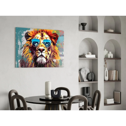 Cool lion pop art canvas wall art with blue shades, vibrant fur on teal