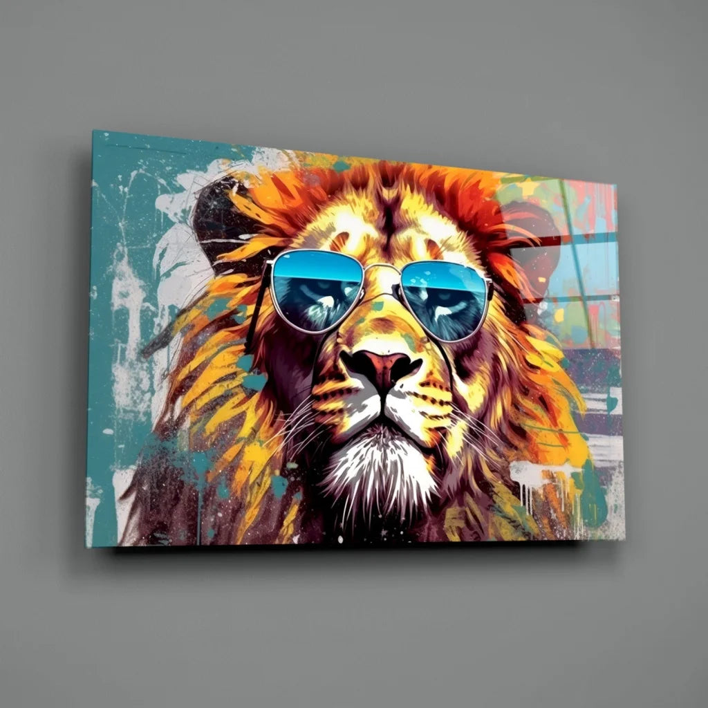 Cool lion pop art wall art canvas with blue shades