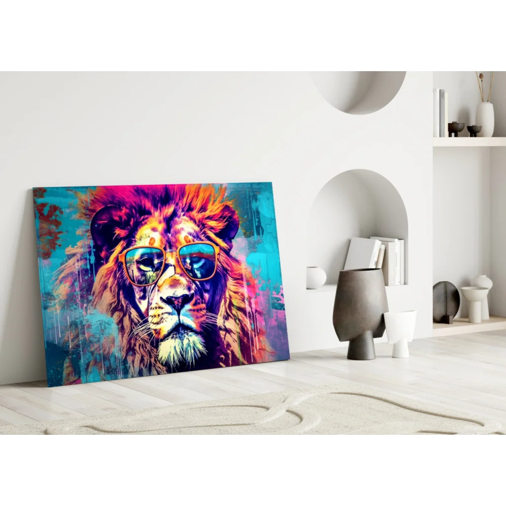 Cool lion in shades wall art print, vibrant pink and blue canvas