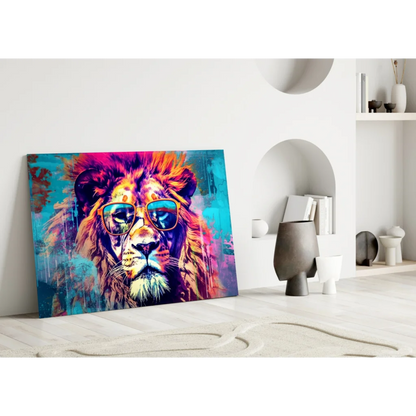 Cool lion in shades wall art print, vibrant pink and blue canvas