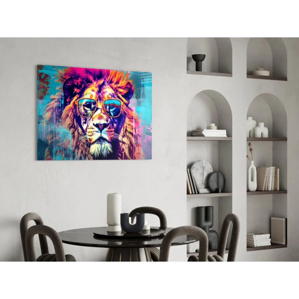 Cool lion in shades colorful canvas wall art print