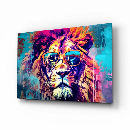 Cool colorful lion in shades canvas wall art print