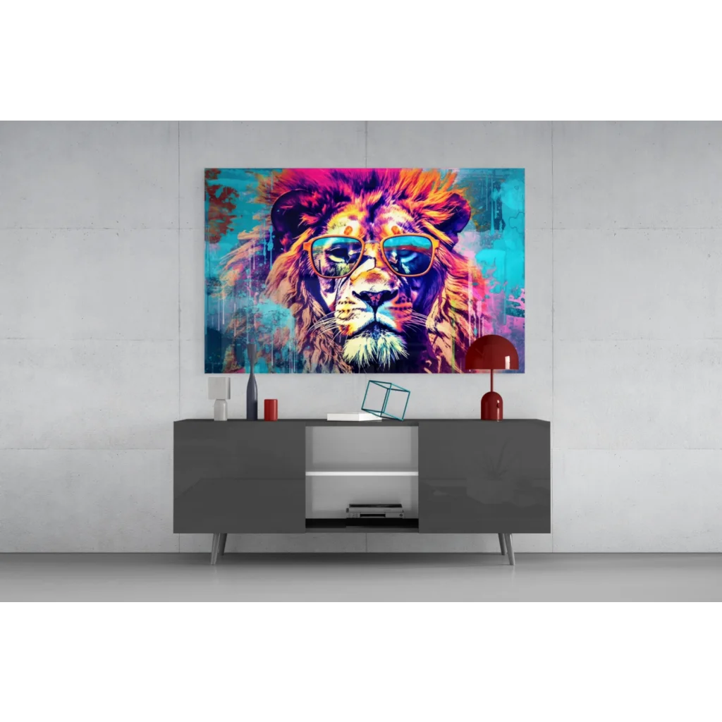 Cool lion in shades canvas wall art print with vibrant pink and blue hues