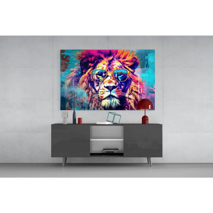Cool lion in shades canvas wall art print with vibrant pink and blue hues