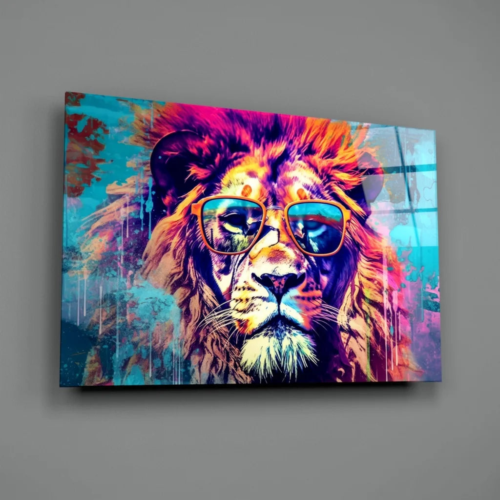 Cool colorful lion in shades canvas wall art print