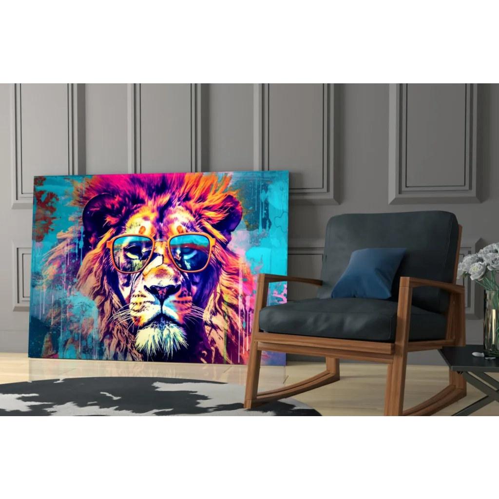 Cool lion in shades wall art print, colorful polyester cotton tapestry