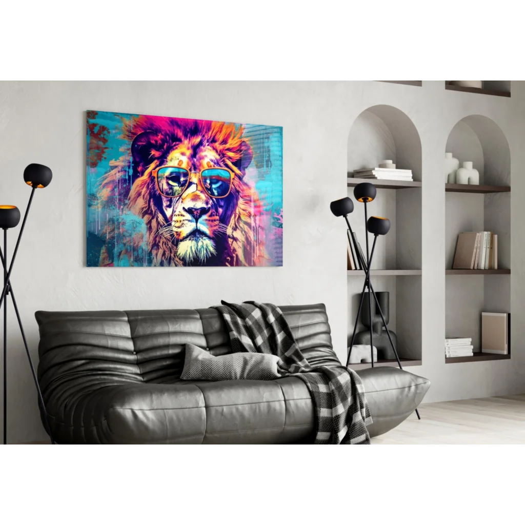 Cool lion in shades canvas wall art with vibrant hues and sunglasses