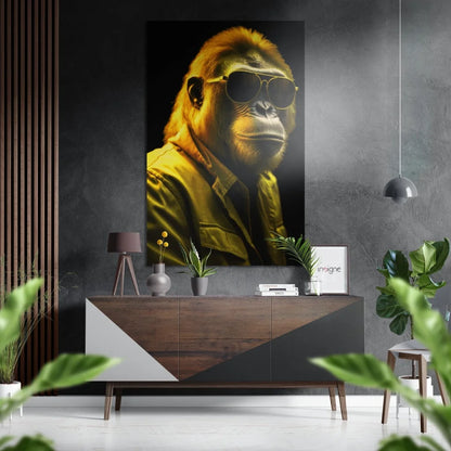 Striking yellow gorilla in aviator sunglasses on brushed aluminium dibond wall art