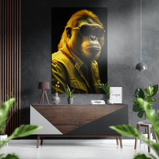 Striking yellow gorilla in aviator sunglasses on brushed aluminium dibond wall art