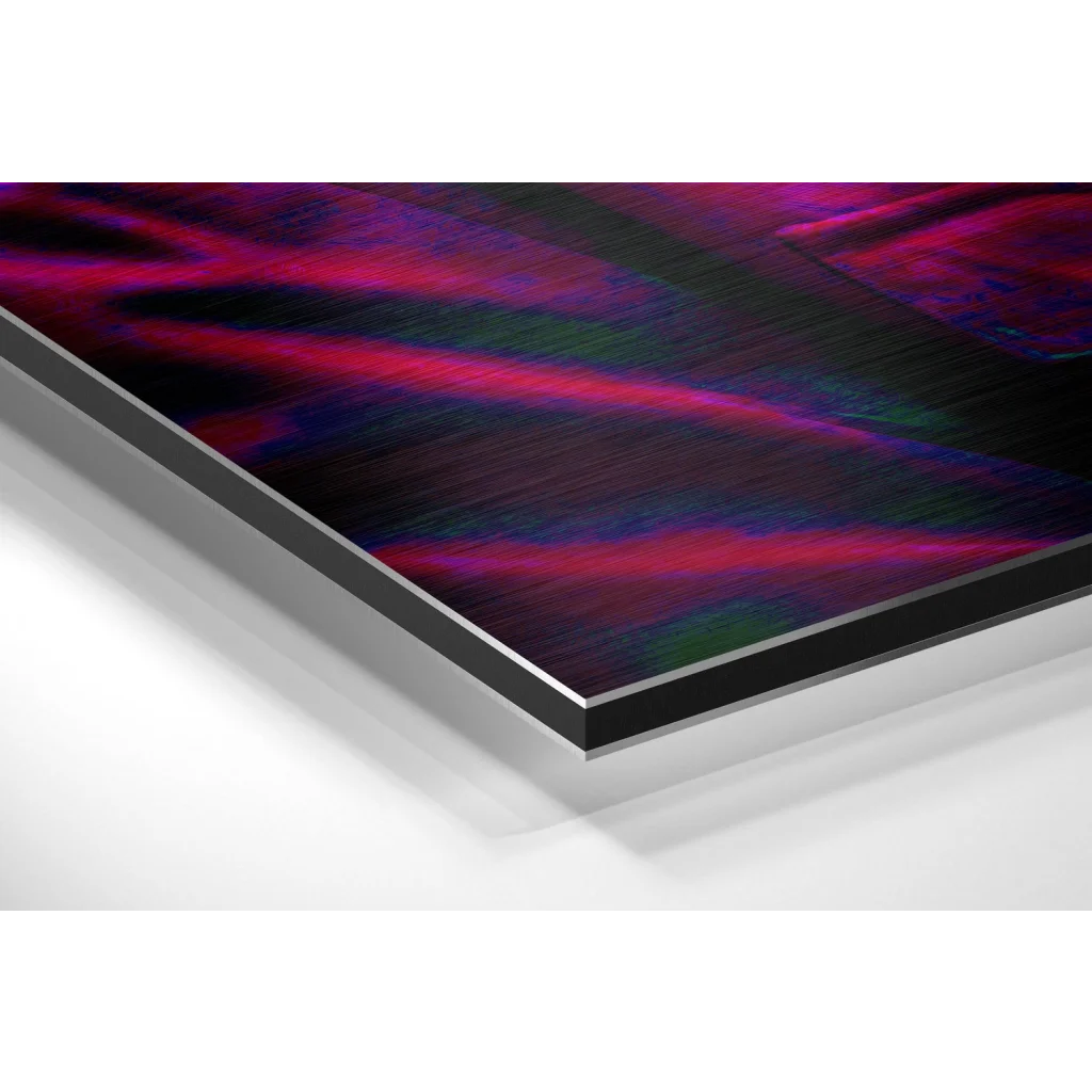 Glass Wall Art Vibrant neon gorilla on brushed aluminium dibond with magenta swirls