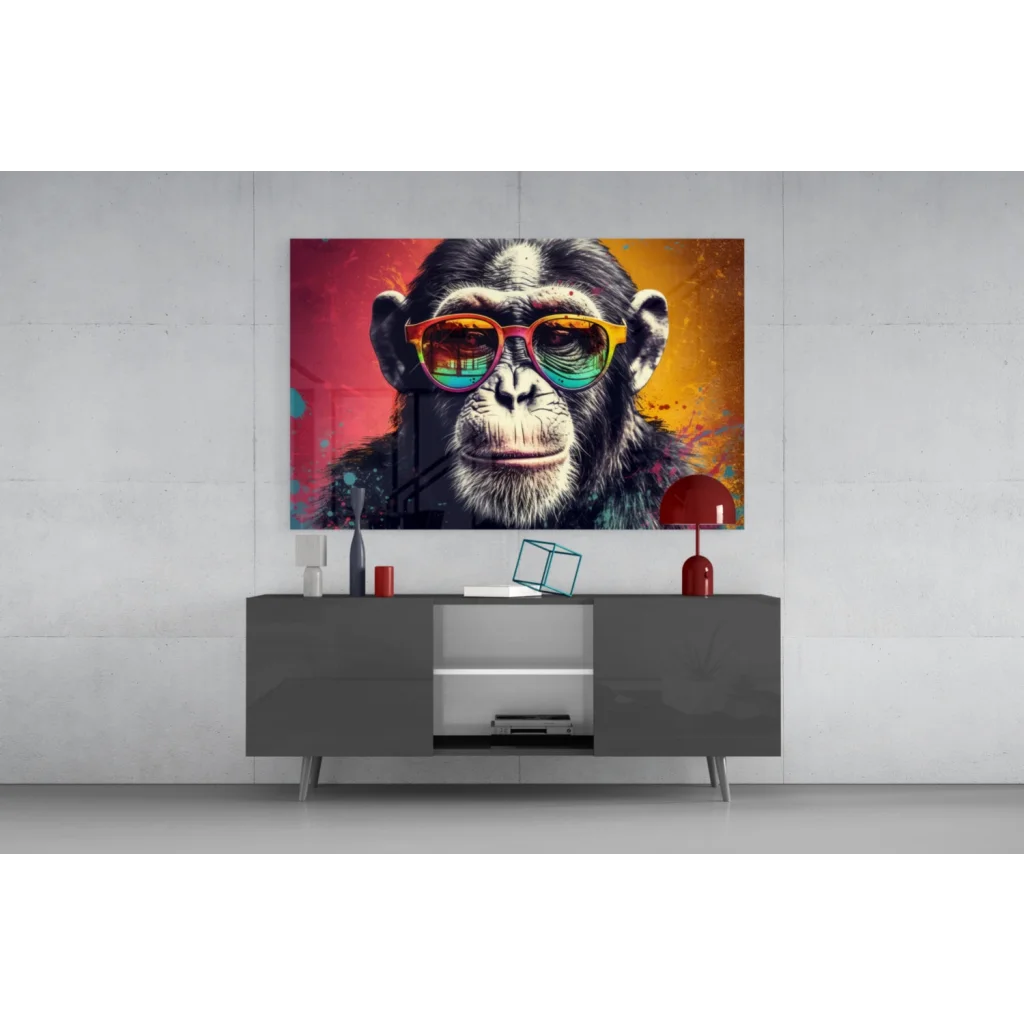 Vibrant pop-art chimpanzee in rainbow sunglasses on glass wall art