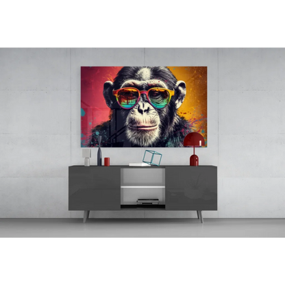 Vibrant pop-art chimpanzee in rainbow sunglasses on glass wall art