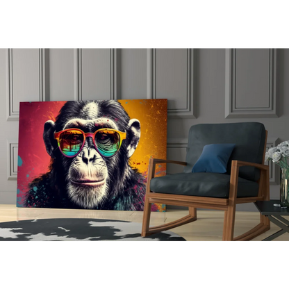 Vibrant pop-art chimpanzee in rainbow sunglasses on glass wall art