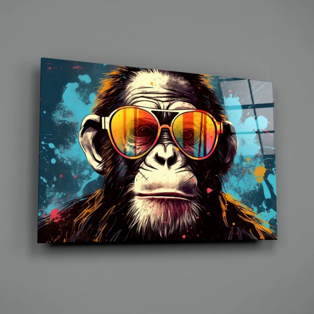 Cool chimp pop art wall art: chimp in orange sunglasses on vibrant graffiti canvas