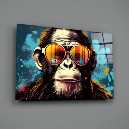Cool chimp pop art wall art: chimp in orange sunglasses on vibrant graffiti canvas