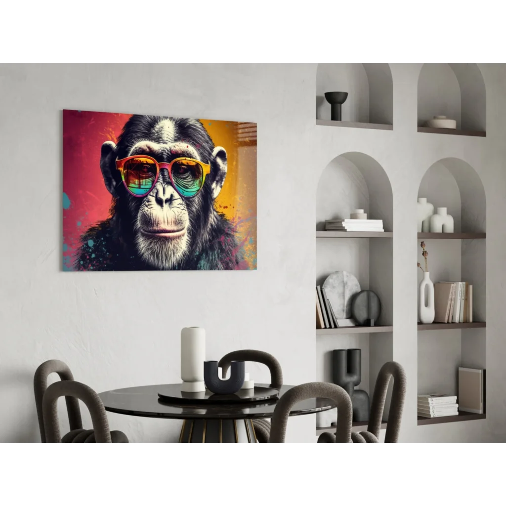 Vibrant pop-art glass wall art of chimp in rainbow sunglasses on red-yellow background