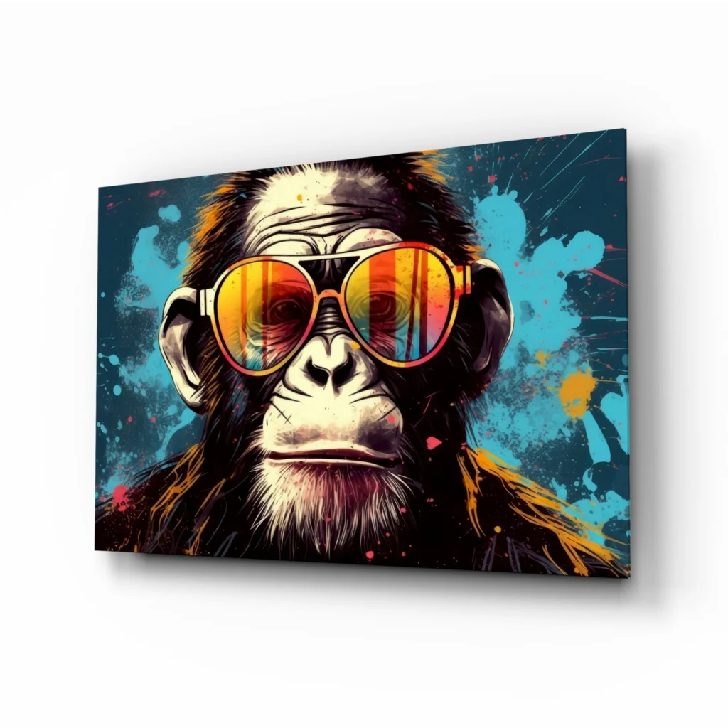 Cool chimp pop art wall art canvas with neon orange sunglasses on blue yellow splatter background