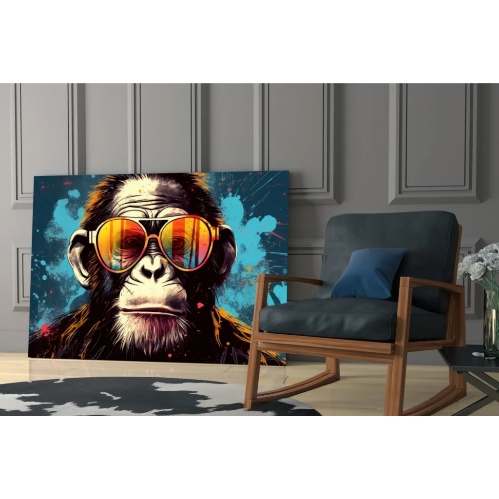 Cool chimp pop art wall art with neon sunglasses on vibrant canvas