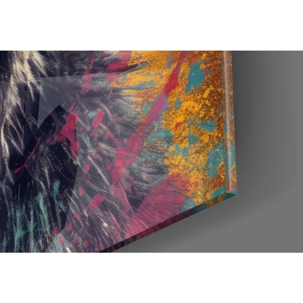 Vibrant abstract glass wall art with pink, gold, teal splashes on dark background