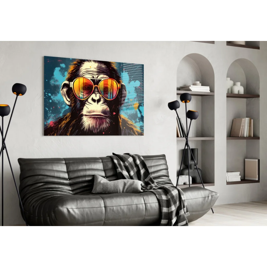 Cool chimp pop art wall art canvas with neon sunglasses and blue splatter