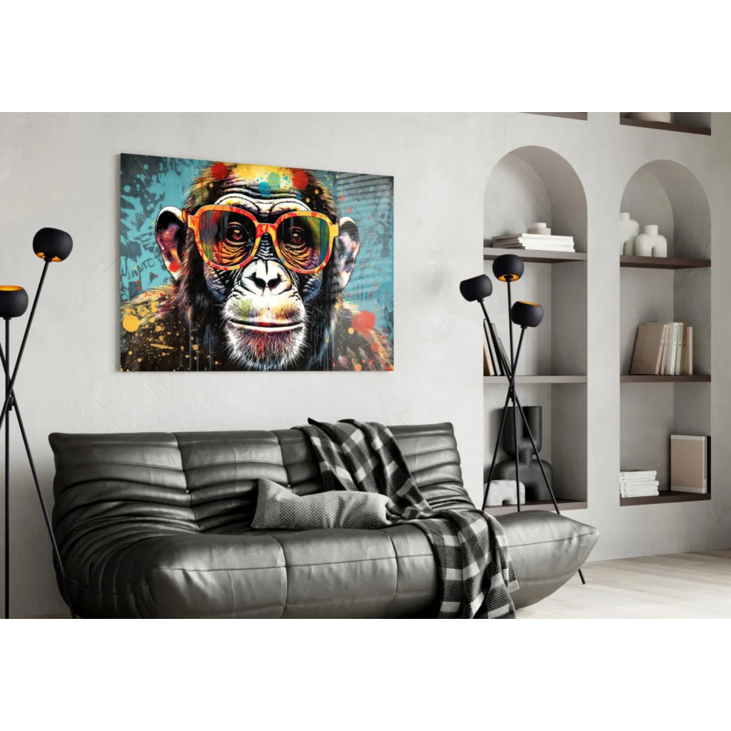 Cool monkey in shades canvas wall art with vibrant paint splatters