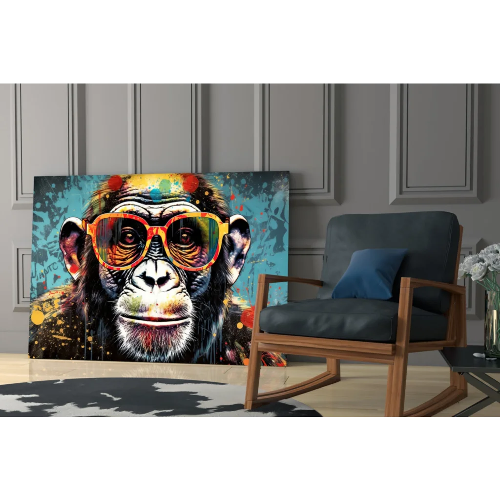 Cool monkey wall art in rainbow shades on vibrant blue canvas