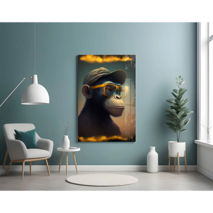 Cool hipster monkey wall art on canvas with yellow glasses and cap