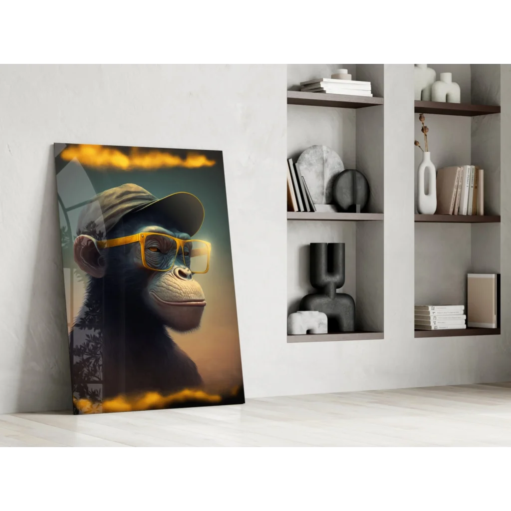 Cool yellow and black monkey wall art with gold sunglasses on canvas