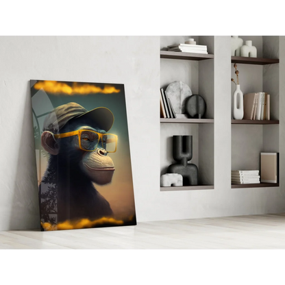 Cool yellow and black monkey wall art with gold sunglasses on canvas