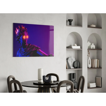 Bitcoin statue neon glass wall art with crowned figure and glowing eyes