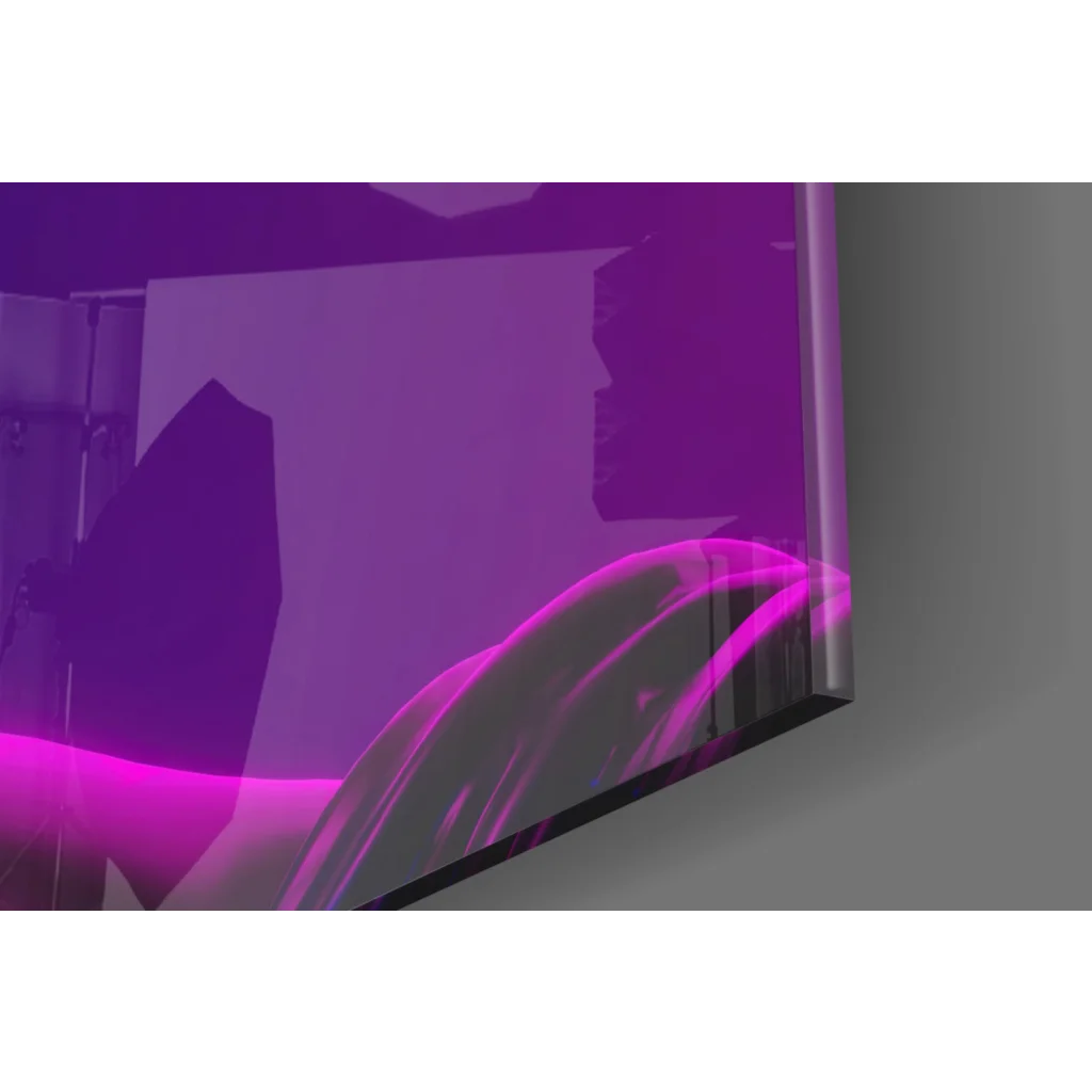 Sleek Bitcoin statue neon glass wall art with purple backlighting