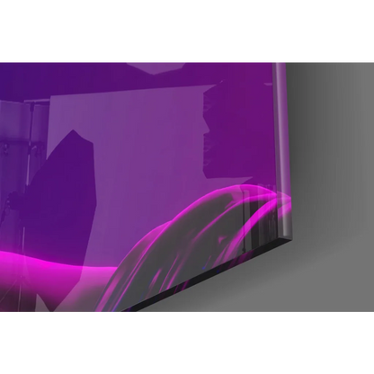 Sleek Bitcoin statue neon glass wall art with purple backlighting