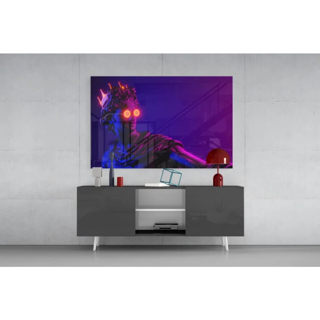 Vibrant neon-pink purple Bitcoin statue glass wall art with glowing red eyes