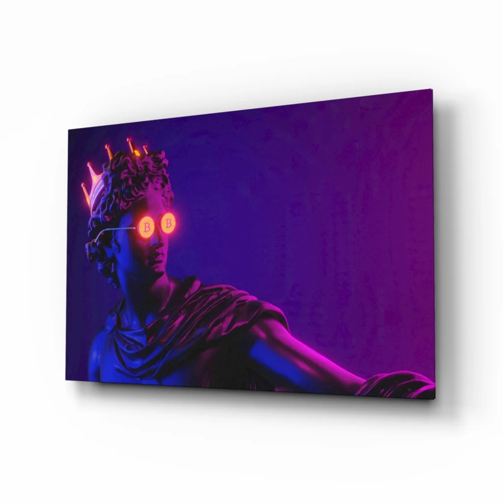 Bitcoin statue in neon orange glasses on purple glass wall art canvas