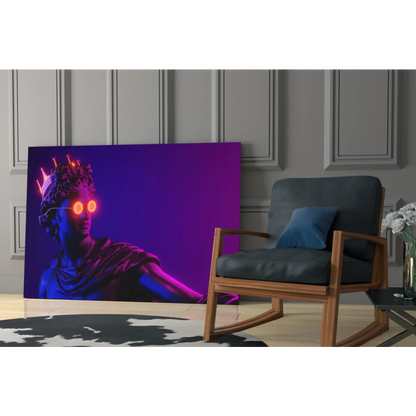 Bitcoin statue neon glass wall art with glowing orange eyes on purple background