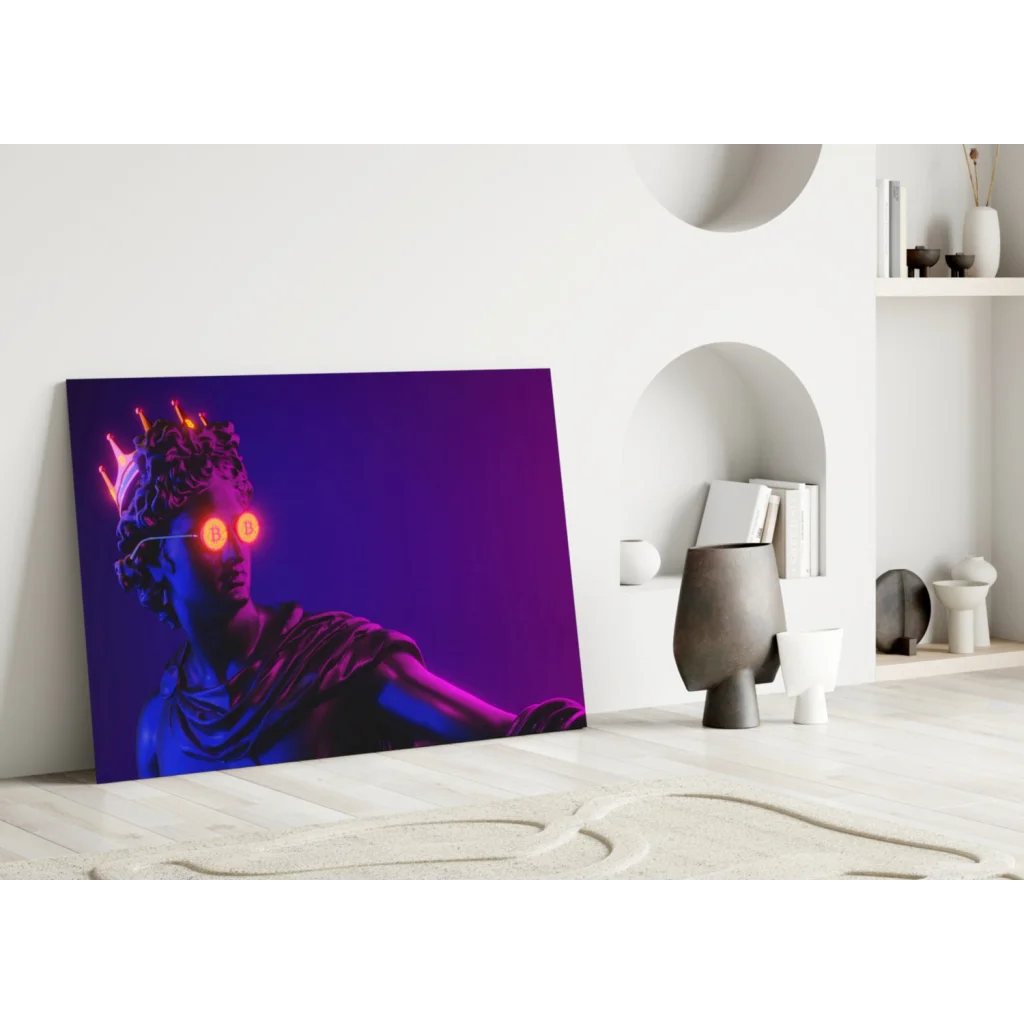 Vibrant bitcoin statue neon glass wall art canvas print