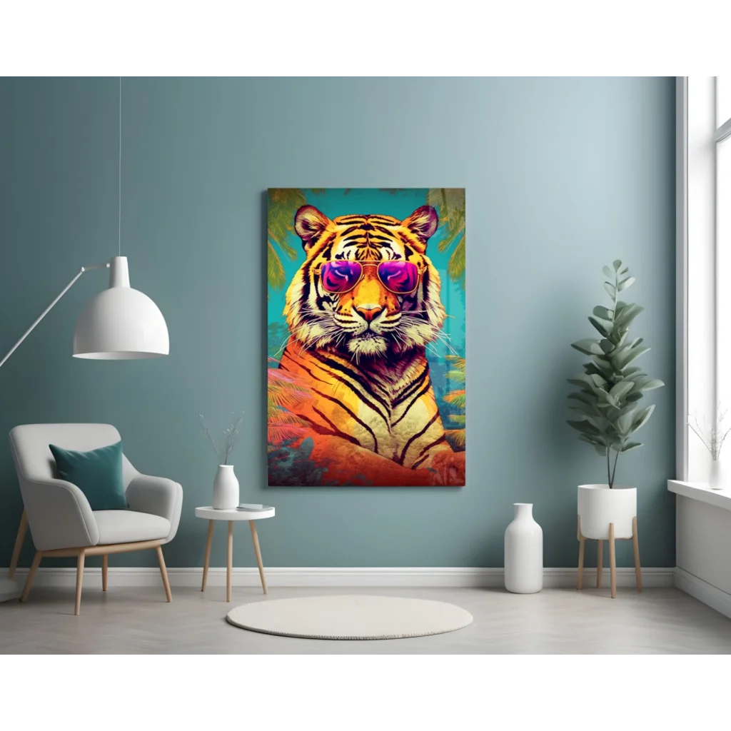 Cool tiger pop art wall art canvas with purple shades