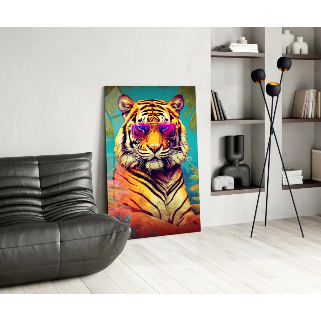 Cool tiger pop art wall art canvas with purple shades on teal background