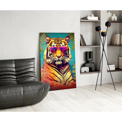 Cool tiger pop art wall art canvas with purple shades on teal background