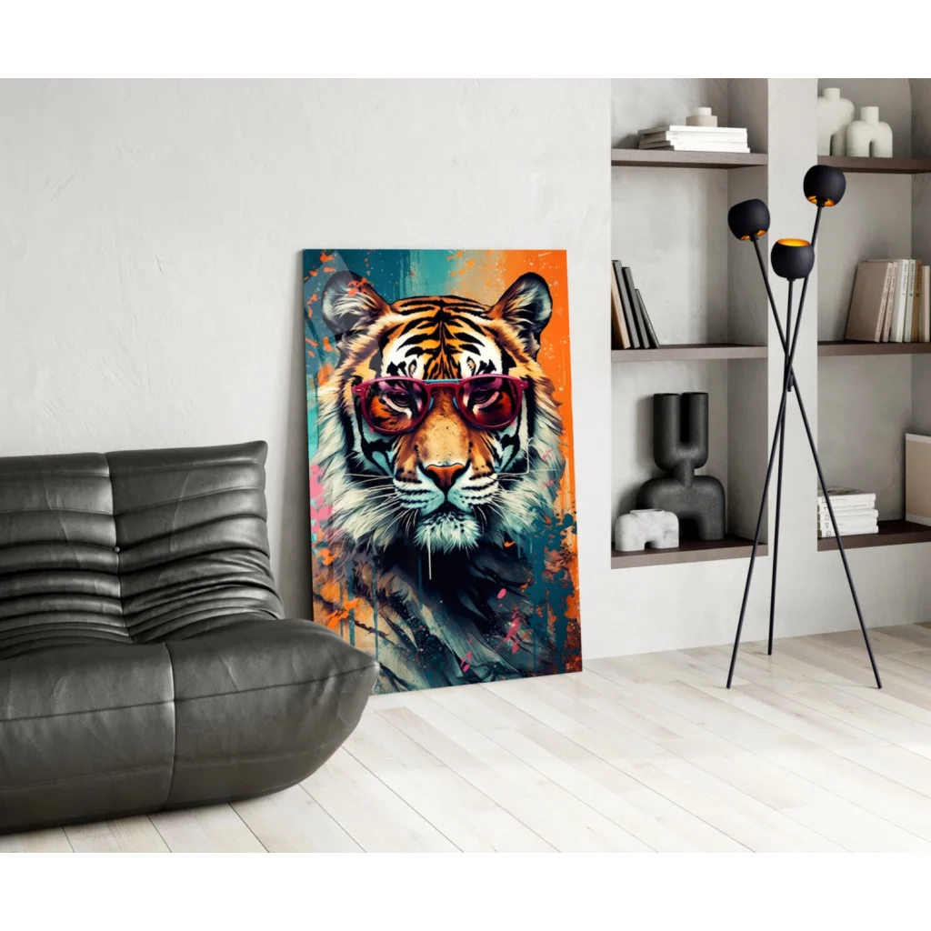 Cool tiger in shades wall art canvas print with vibrant orange black stripes and red sunglasses on teal blue abstract background