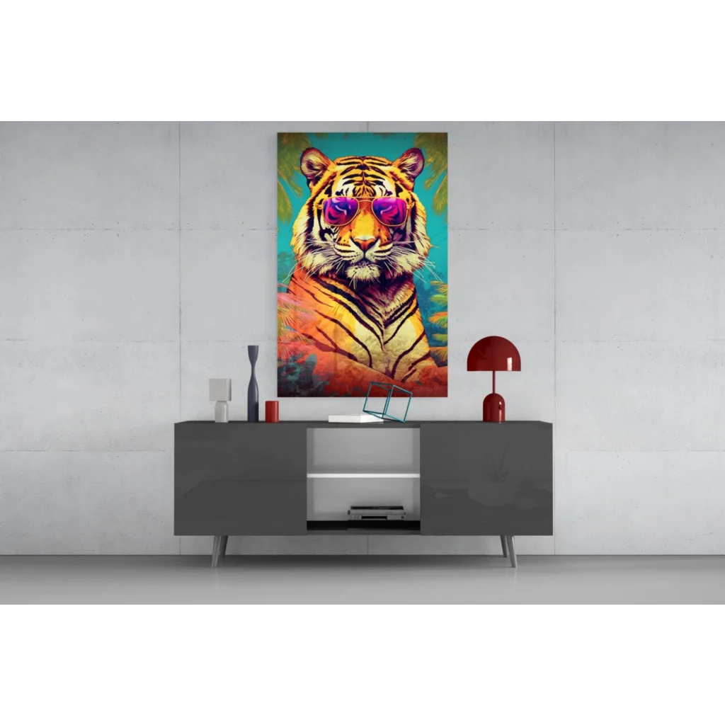 Cool tiger pop art wall art with purple shades on teal background
