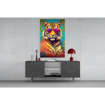 Cool tiger pop art wall art with purple shades on teal background