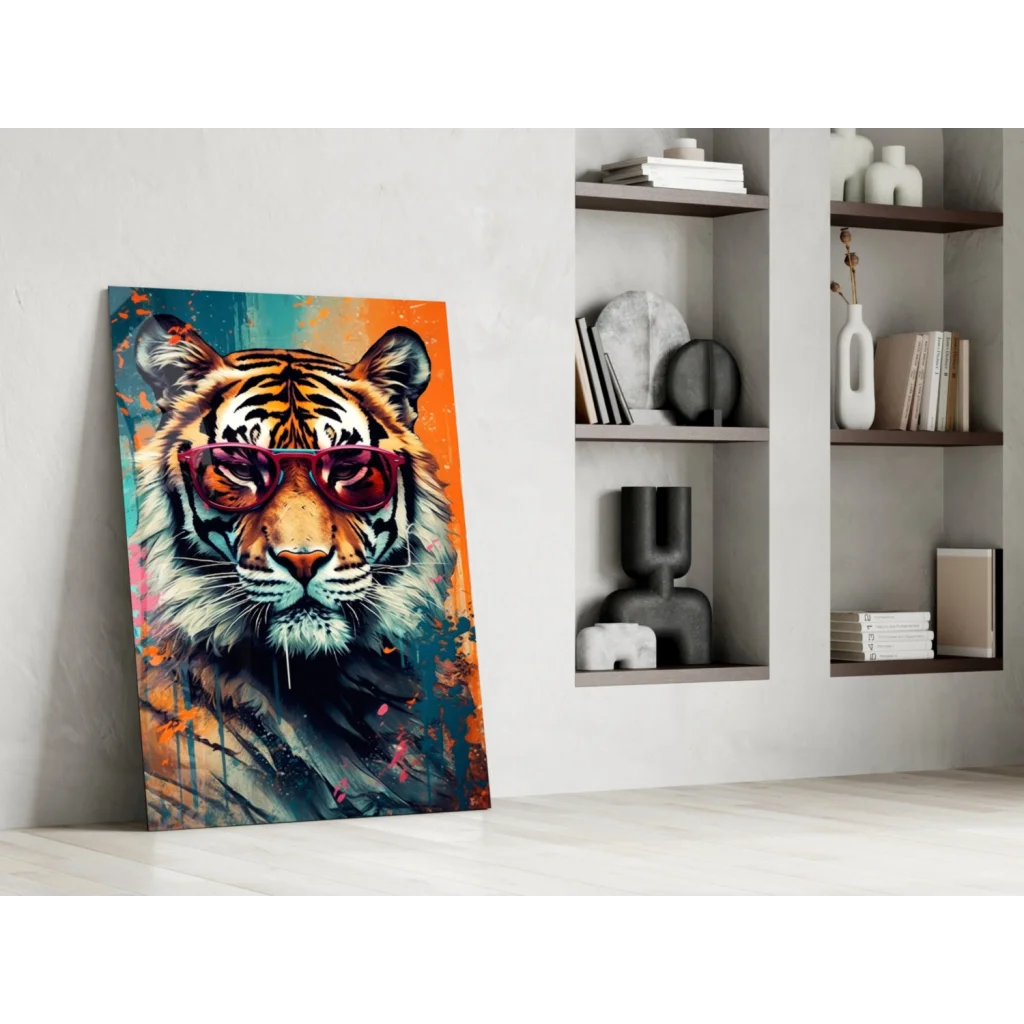 Cool tiger in shades wall art canvas print with vibrant stripes and sunglasses