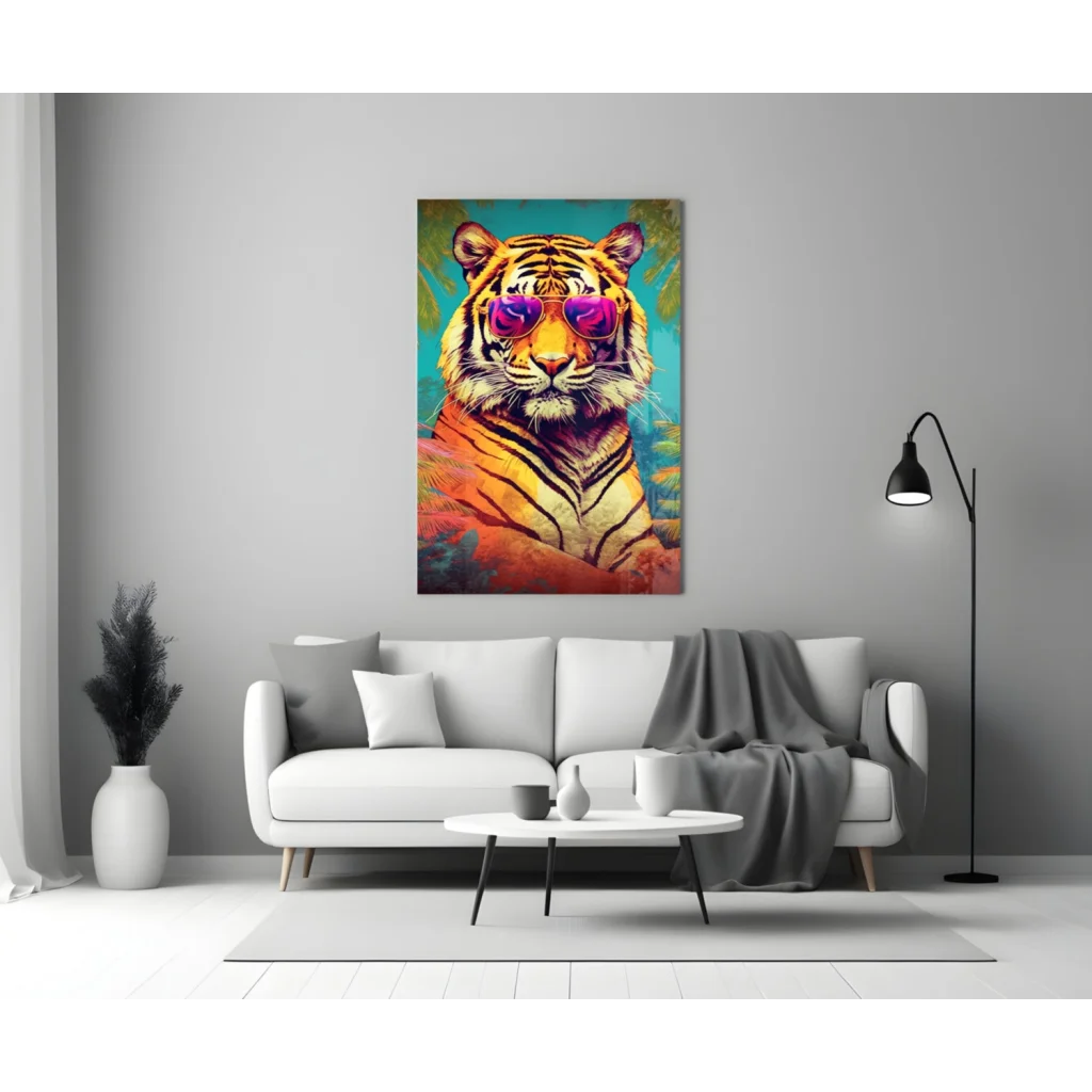 Cool tiger pop art wall art canvas with purple shades on teal