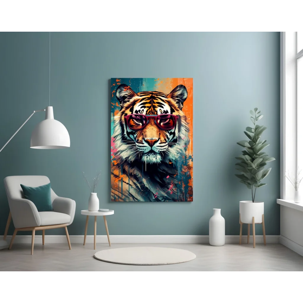Cool tiger in shades wall art canvas print with vibrant orange teal splashes