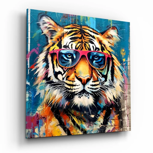 Vibrant tiger in pink sunglasses on bold pop tempered glass art